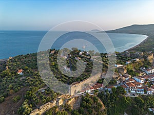 Aerial view over Koroni seaside city at sunset. Koroni, Messenia, Greece