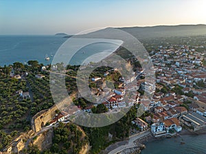 Aerial view over Koroni seaside city at sunset. Koroni, Messenia, Greece