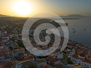 Aerial view over Koroni seaside city at sunset. Koroni, Messenia, Greece