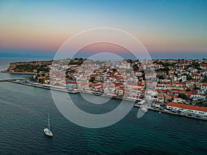 Aerial view over Koroni seaside city at sunset. Koroni, Messenia, Greece