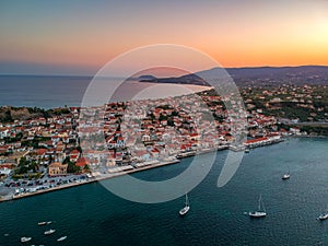 Aerial view over Koroni seaside city at sunset. Koroni, Messenia, Greece