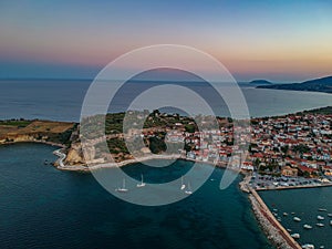 Aerial view over Koroni seaside city at sunset. Koroni, Messenia, Greece