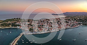 Aerial view over Koroni seaside city at sunset. Koroni, Messenia, Greece