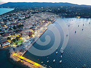 Aerial view over Koroni seaside city at sunset. Koroni, Messenia, Greece