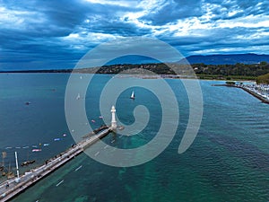 Aerial view over Lake Geneva in Switzerland. Geneva from above