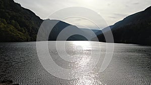 Aerial view over the lakes at Glendalough in the Wicklow mountains of Ireland