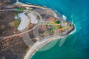Aerial view over Long Island with Montauk Point Lighthouse and ocean