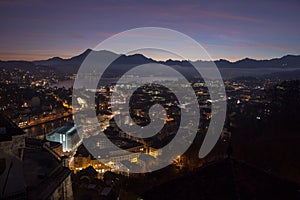 Aerial view over Luzern Lucerne at sunrise, Switzerland