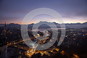 Aerial view over Luzern Lucerne at sunrise, Switzerland