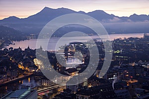 Aerial view over Luzern Lucerne at sunrise, Switzerland