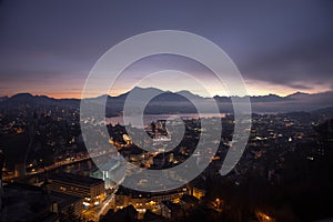 Aerial view over Luzern Lucerne at sunrise, Switzerland