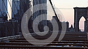 Aerial view over manhattan with brooklyn bridge blurred lights night view skyline, abstract background