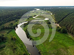 Aerial view over Merkys river valley, near Merkine town, Lithuania