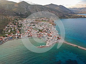 Aerial view over Monemvasia seaside city and the picturesque port in Lakonia, Greece