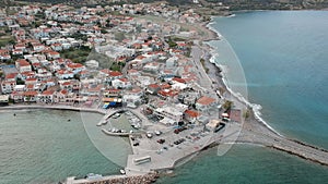 Aerial view over Monemvasia seaside city and the picturesque port in Lakonia, Greece