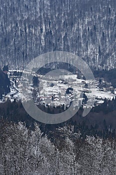 Aerial view over the mountains in wintertime