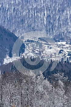 Aerial view over the mountains in wintertime