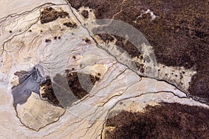 Aerial view over the muddy volcano Paclele Mici and Paclele Mari in Buzau county , natural park in Romania