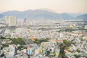 Aerial view over Nha Trang city, Vietnam taken from rooftop, extreme wide angle