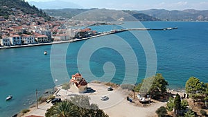 Aerial view over Nisis Kranai or Kranai Islet in Gytheio, Laconia, Greece