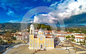 Aerial view over the old historical center of Kalamata seaside city, Greece by the Castle of Kalamata