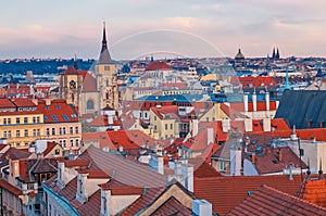 Aerial view over Old Town in Prague at sunset, Czech Republic