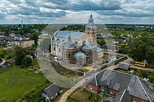 aerial view over othodox or catholic church in countryside