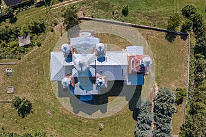 aerial view over othodox church in countryside