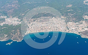 Aerial view over Ozdere coastal resort town in Izmir province in Turkey