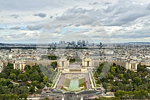 Aerial view over Paris, Trocadero and La Defence