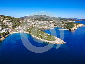 Aerial view over Patitiri town in Alonnisos island, Greece