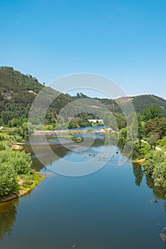 Aerial view over Penacova river beach and Mondego river in Penacova - Portugal