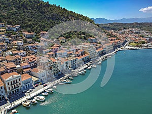 Aerial view over picturesque seaside town of Gytheio  Lakonia  Peloponnese  Greece