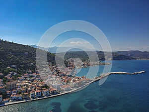 Aerial view over picturesque seaside town of Gytheio  Lakonia  Peloponnese  Greece