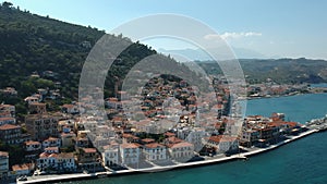 Aerial view over the picturesque seaside town of Gytheio, Lakonia, Peloponnese, Greece