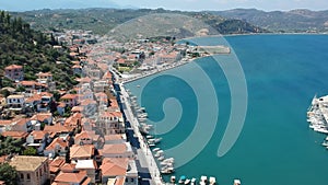 Aerial view over the picturesque seaside town of Gytheio, Lakonia, Peloponnese, Greece