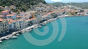 Aerial view over the picturesque seaside town of Gytheio, Lakonia, Peloponnese, Greece