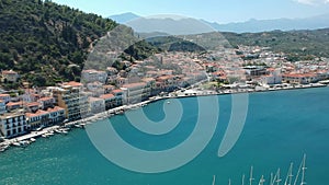 Aerial view over the picturesque seaside town of Gytheio, Lakonia, Peloponnese, Greece