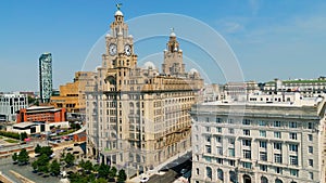 Aerial view over Pier Head and the Royal Liver Building in Liverpool - travel photography