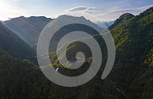 Aerial view over Poenari Fortress at the bottom of Fagaras Mountains in Romania