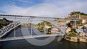 Aerial view over Porto`s old town, Ribeira, Duoro river the and the Porto Bridge Luiz I Bridge, 17 May 2017.