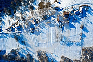Aerial view over private houses in wintertime