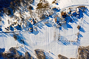 Aerial view over private houses in wintertime