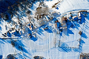 Aerial view over private houses in wintertime