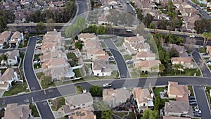 Aerial view over residential suburban city streets, Santa Clarita, California