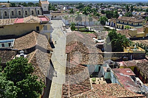 Aerial view over the roofs of Colonial town Trinidad, Picturesque elements of traditional architecture.