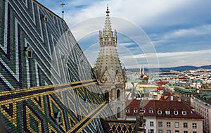 Aerial view over the rooftops of Vienna from the north tower of St. Stephen`s Cathedral ,Vienna, Austria.