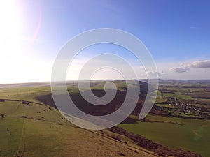 Aerial view over the Sussex countryside along the South Downs Way.