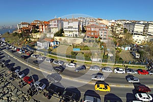 Aerial view over Salacak Sahil Yolu Street in Istanbul.