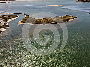 Aerial view over the salt marsh and wetlands in Freeport, New York on a sunny day